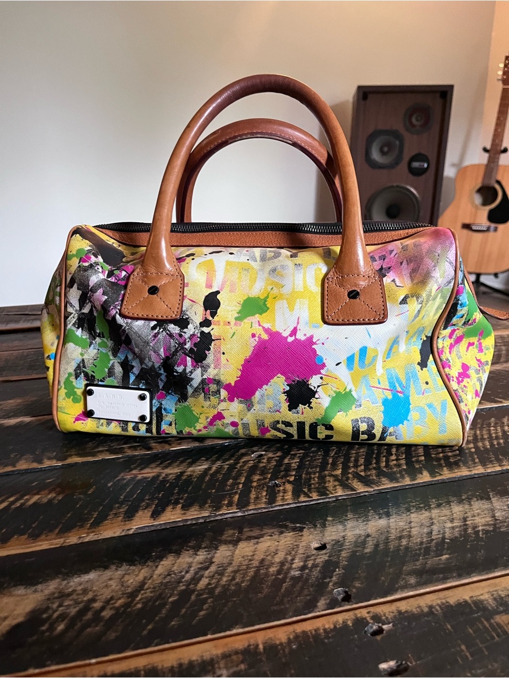 L.A.M.B by Gwen Stefani Colorful Graffiti Satchel Handbag with Tan Handles